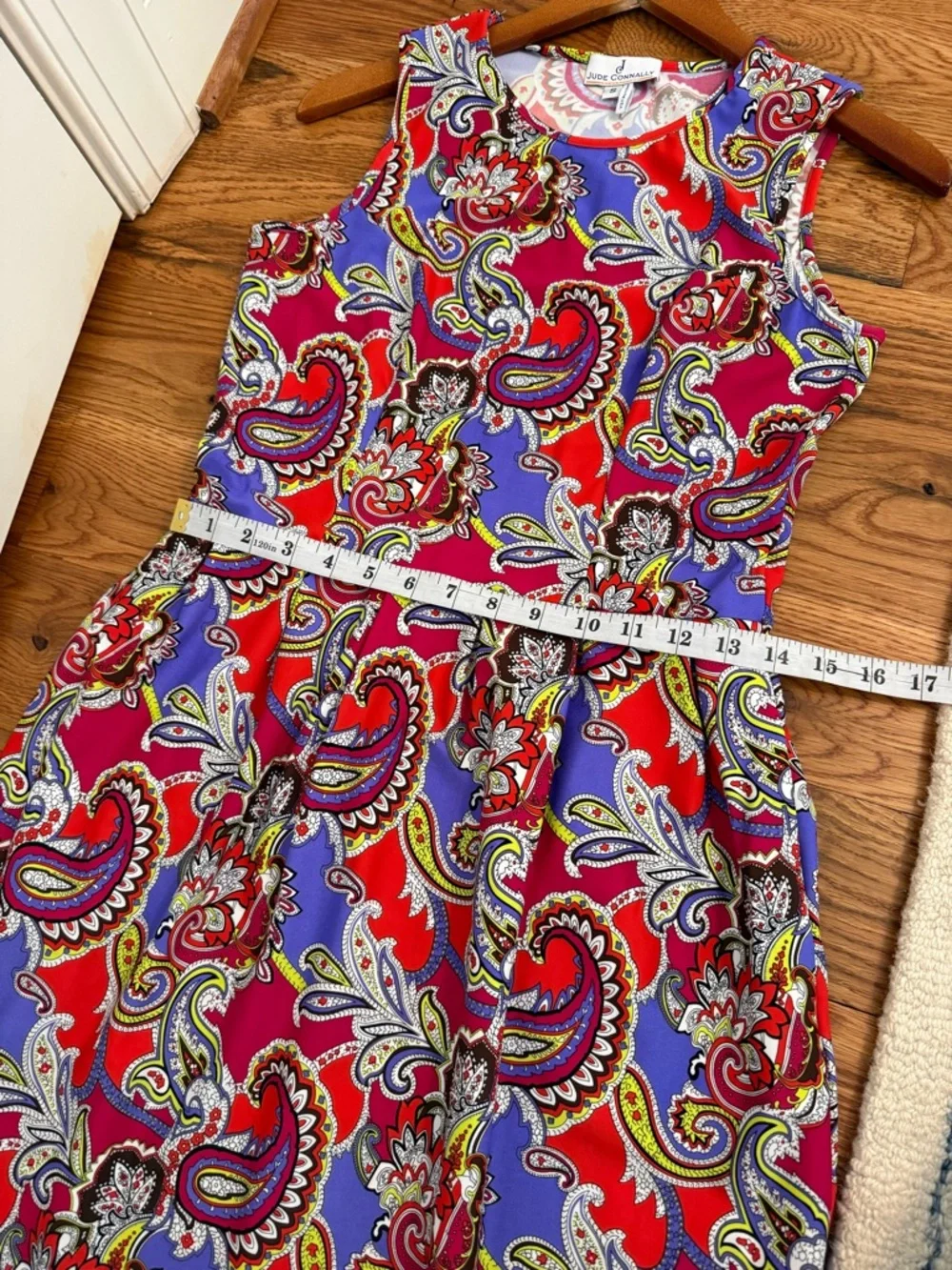 Jude Connally Pink Orange Paisley Floral Print Knit Fit Flare Mini Dress Small - Picture 9 of 10